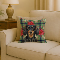 Longhaired Black and Tan Dachshund Christmas PoinsettIas Throw Pillow