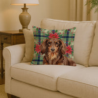 Longhaired Chocolate and Tan Dachshund Christmas PoinsettIas Throw Pillow