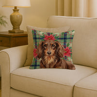 Longhaired Chocolate and Tan Dachshund Christmas PoinsettIas Throw Pillow