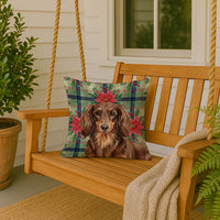 Longhaired Chocolate and Tan Dachshund Christmas PoinsettIas Throw Pillow