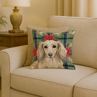 Longhaired Cream Dachshund Christmas PoinsettIas Throw Pillow