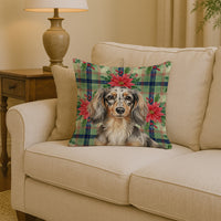 Longhaired Dapple Dachshund Christmas PoinsettIas Throw Pillow