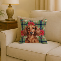 Longhaired Red Dachshund Christmas PoinsettIas Throw Pillow