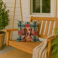 Longhaired Red Dachshund Christmas PoinsettIas Throw Pillow