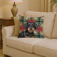 Wirehaired Black and Tan Dachshund Christmas PoinsettIas Throw Pillow