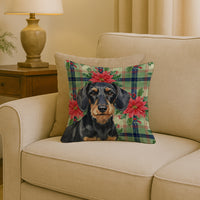 Wirehaired Black and Tan Dachshund Christmas PoinsettIas Throw Pillow