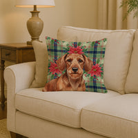 Wirehaired Red Dachshund Christmas PoinsettIas Throw Pillow