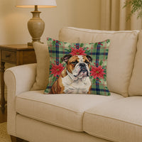 Brindle and White English Bulldog Christmas PoinsettIas Throw Pillow