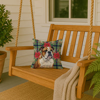 Brindle and White English Bulldog Christmas PoinsettIas Throw Pillow