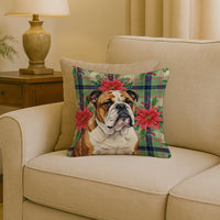 Brindle and White English Bulldog Christmas PoinsettIas Throw Pillow