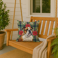 Brindle and White English Bulldog Christmas PoinsettIas Throw Pillow