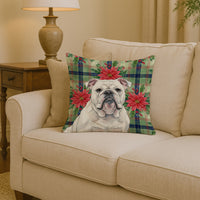 White English Bulldog Christmas PoinsettIas Throw Pillow