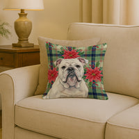 White English Bulldog Christmas PoinsettIas Throw Pillow