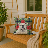 White English Bulldog Christmas PoinsettIas Throw Pillow
