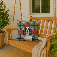 Black and White English Springer Spaniel Christmas PoinsettIas Throw Pillow