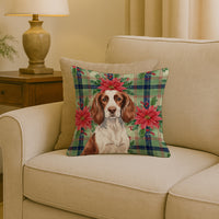 Liver and White English Springer Spaniel Christmas PoinsettIas Throw Pillow