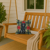 Black Flat-Coated Retriever Christmas PoinsettIas Throw Pillow