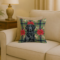Black Flat-Coated Retriever Christmas PoinsettIas Throw Pillow