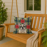 Pied French Bulldog Christmas PoinsettIas Throw Pillow