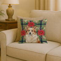 Tan Icelandic Sheepdog Christmas PoinsettIas Throw Pillow