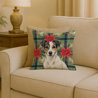 White and Black Jack Russell Terrier Christmas PoinsettIas Throw Pillow