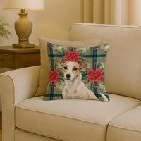 White and Tan Jack Russell Terrier Christmas PoinsettIas Throw Pillow