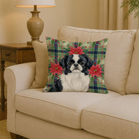 Black and White Japanese Chin Christmas PoinsettIas Throw Pillow