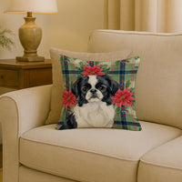 Black and White Japanese Chin Christmas PoinsettIas Throw Pillow
