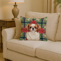 Red and White Japanese Chin Christmas PoinsettIas Throw Pillow