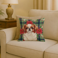 Red and White Japanese Chin Christmas PoinsettIas Throw Pillow