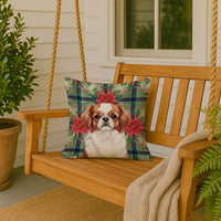 Red and White Japanese Chin Christmas PoinsettIas Throw Pillow