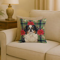 Tricolor Japanese Chin Christmas PoinsettIas Throw Pillow