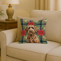 Chocolate Labradoodle Christmas PoinsettIas Throw Pillow