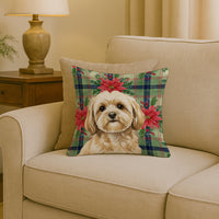 Cream Lhasa Apso Christmas PoinsettIas Throw Pillow