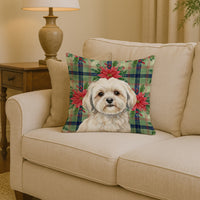 White Lhasa Apso Christmas PoinsettIas Throw Pillow