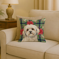 White Lhasa Apso Christmas PoinsettIas Throw Pillow