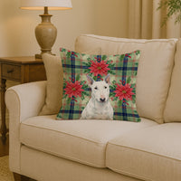 White Miniature Bull Terrier Christmas PoinsettIas Throw Pillow