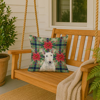 White Miniature Bull Terrier Christmas PoinsettIas Throw Pillow