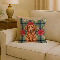 Copper Nova Scotia Duck Tolling Retriever Christmas PoinsettIas Throw Pillow