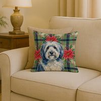 Blue and White Old English Sheepdog Christmas PoinsettIas Throw Pillow