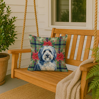 Blue and White Old English Sheepdog Christmas PoinsettIas Throw Pillow
