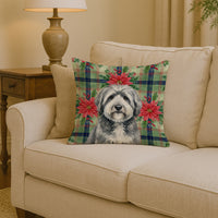 Gray and White Old English Sheepdog Christmas PoinsettIas Throw Pillow