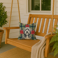 Gray and White Old English Sheepdog Christmas PoinsettIas Throw Pillow