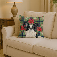 Black and White Papillon Christmas PoinsettIas Throw Pillow