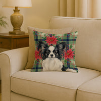 Black and White Papillon Christmas PoinsettIas Throw Pillow