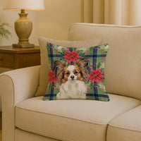 White with Sable Papillon Christmas PoinsettIas Throw Pillow