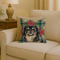 Black and Tan Pekingese Christmas PoinsettIas Throw Pillow