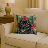 Black Pekingese Christmas PoinsettIas Throw Pillow