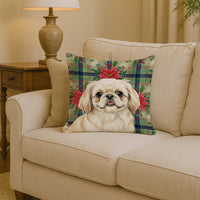 Cream Pekingese Christmas PoinsettIas Throw Pillow