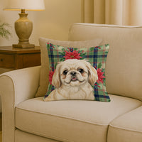 Cream Pekingese Christmas PoinsettIas Throw Pillow
